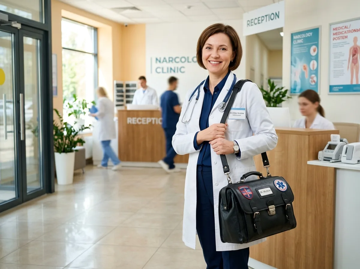 Врач-нарколог в белом халате с медицинским чемоданчиком готовится к выезду на дом, светлый профессиональный фон, уверенный и доброжелательный вид