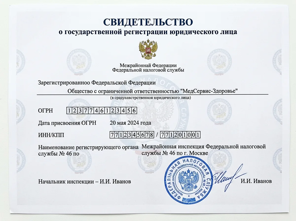 Свидетельство о государственной регистрации ООО МедСервис-Здоровье, официальный документ ИФНС, скан на белом фоне с синей печатью